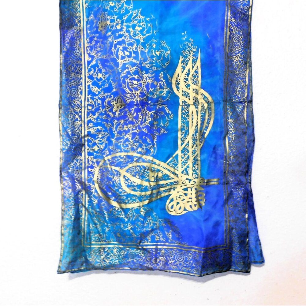 Silk Wrap Made In Bursa 16" X 53" Rectangular Scarf Blue Gold Pattern Design - Picture 6 of 7